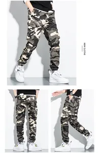 Detailed multiple views of men's spring camouflage cargo pants with multi-pocket design
