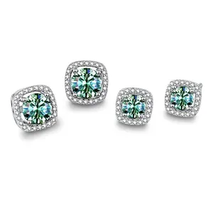 Elegant square halo stud earrings featuring green moissanite in S925 sterling silver