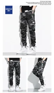 Detailed views of grey camouflage cargo pants for men with multiple pockets and elastic cuffs.