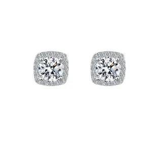Elegant S925 sterling silver square halo Moissanite stud earrings for women jewel