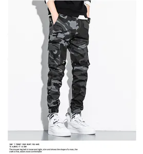 Close-up detail of men's grey camouflage cargo joggers showing loose fit and side pocket