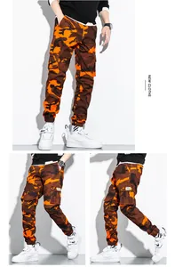 Detailed multi-angle views of men's orange camouflage multi-pocket cargo joggers