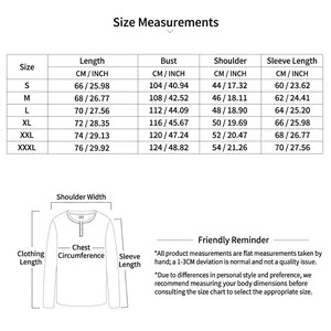 Size chart for long sleeve sweatshirt with length, bust, and shoulder measurements.