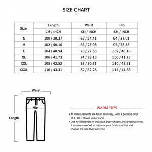 Comprehensive size chart for sports pants featuring length, waist, and hip dimensions.