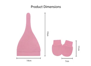 Size guide showing dimensions for the pink baby hat and anti-scratch mittens set.