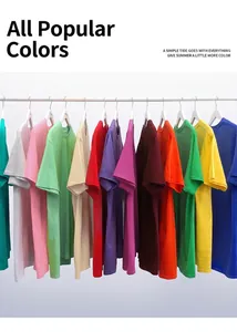 Detail of various colorful cotton crew neck T-shirts hanging on a white rack.