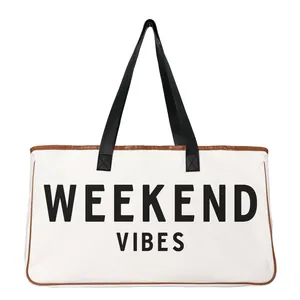 Large capacity cotton linen canvas tote beach bag with Weekend Vibes printed design