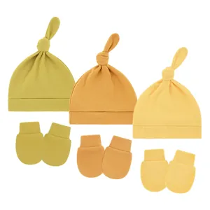 3-set soft cotton baby knotted hats and anti-scratch mittens in solid yellow tones