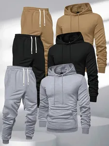 Detail view of three color options of premium men's hoodie and jogger tracksuit sets.