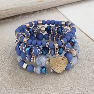 Bohemian blue beaded stackable bracelet with heart-shaped I love you pendant engraving