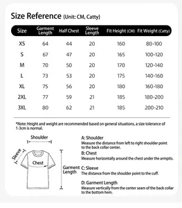 Detailed size chart for the 205g cotton round neck T-shirt with measurement guide
