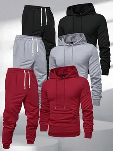 Three pairs of athletic hoodies and joggers in black, grey, and red colors for men