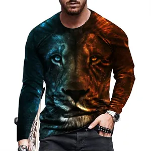 Men's long-sleeve T-shirt featuring a stylized ice and fire lion graphic print, casual fit.