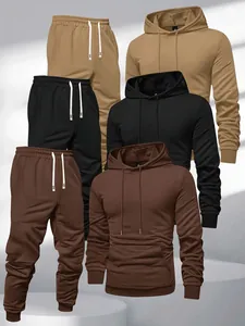 Professional studio display of men's solid color hoodie and jogger sets in three colors.