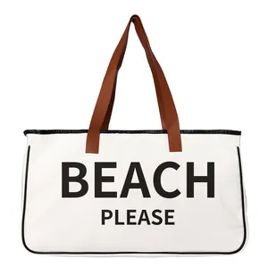 Large white canvas beach tote bag with 'BEACH PLEASE' print and brown shoulder straps