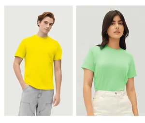 Models wearing yellow and green 205g ring-spun cotton short-sleeve round neck T-shirts.
