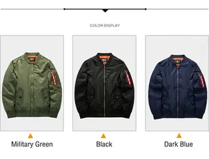 Vista detallada de chaquetas bomber MA-1 para hombre en verde militar, negro y azul.