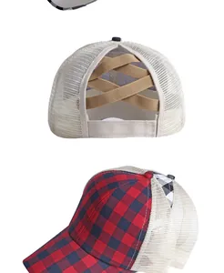 Detailed back view of mesh ponytail baseball cap with red plaid and elastic bands