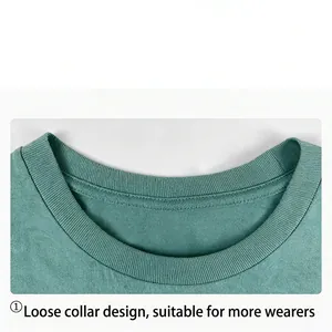 Close-up detail of a 205g ring-spun cotton oversized crew neck T-shirt neckline.