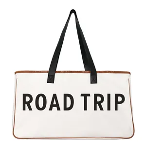 Large capacity canvas tote beach bag with black handles and Road Trip print.