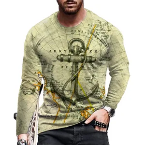 Men's long sleeve T-shirt featuring a vintage nautical map and anchor graphic detail