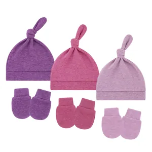Pack of 3 soft baby top knot hats and anti-scratch mittens set in purple shades