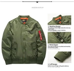 Vistas detalladas de la chaqueta bomber MA-1 verde con cuello y cremallera