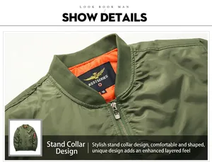Primer plano del cuello de una chaqueta de aviador verde militar con ribete y cremallera