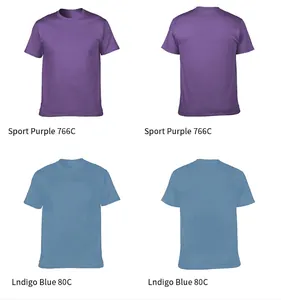 Detail view of blank ring-spun cotton T-shirts in sport purple and indigo blue tones.