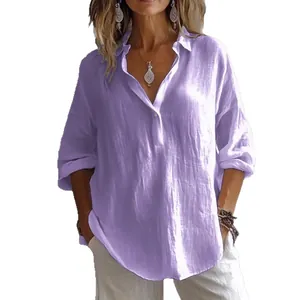 Chemise décontractée en lin lavande à col en V pour femme avec coupe ample et confortable