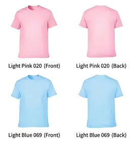 Front and back views of 205g cotton round neck T-shirts in light pink and blue.