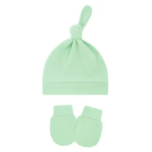 Soft mint green baby knot beanie hat and matching anti-scratch mittens set for infants