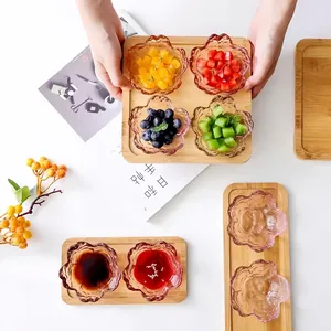 Japanese cherry blossom shaped glass sauce dishes set with elegant wooden serving trays