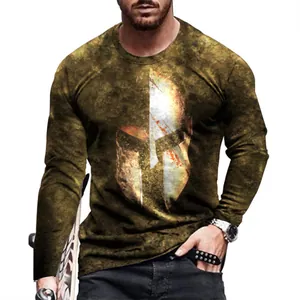 Detailed view of men's long sleeve T-shirt with vintage Spartan helmet print design