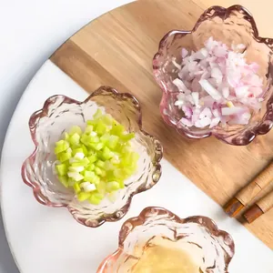 Exquisite set of three cherry blossom shaped glass bowls for dipping and food seasoning