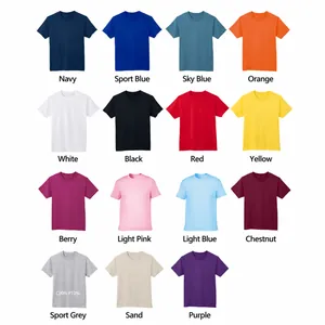 Collection of multi-colored round neck short sleeve cotton T-shirts in a grid layout