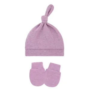Purple soft cotton baby top knot hat and matching anti-scratch mittens set for newborn