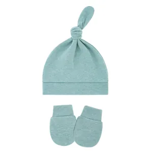 Soft cotton baby knot hat and anti-scratch mittens set in refreshing mint green color.
