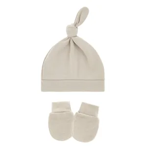 Soft cotton baby knot hat and anti-scratch mittens set in oatmeal beige