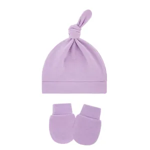 Lavender baby knotted hat and anti-scratch mittens set in soft knitted cotton fabric