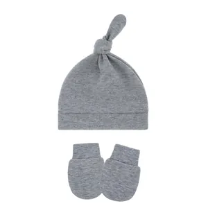 Soft grey knotted baby beanie hat and matching cotton anti-scratch mittens set