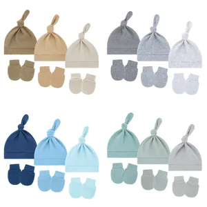 Cotton Knotted Baby Beanie Hat And Anti Scratch Gloves Set Breathable Knitted Headwear For Newborn Infants Accessories