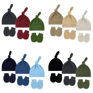 Soft breathable cotton baby knot hat and anti-scratch mitten sets in assorted solid colors