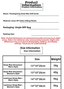 Detailed size chart and product specifications for Thanksgiving scarecrow doll series