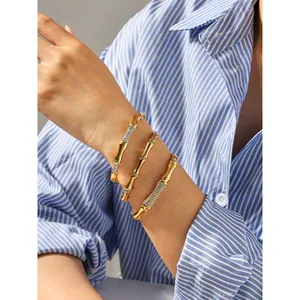 Luxury gold bamboo shaped stainless steel bangle set with sparkling rhinestones for women