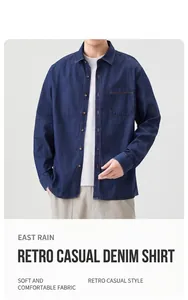 Detailed view of men's Japanese style dark blue pure cotton denim shirt with chest pocket