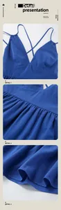 Detailed macro shots showing the texture of blue V-neck cotton linen spaghetti strap dress