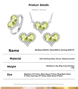 Detailed specifications for S925 sterling silver heart-shaped peridot jewelry set