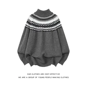Detailed view of gray Fair Isle retro jacquard mock neck knitted pullover sweater