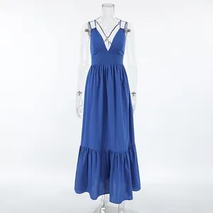 Detailed close-up of a royal blue V-neck spaghetti strap cotton maxi dress for women